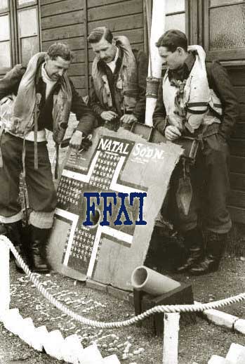 Phil Tripe and the No. 222 NATAL Squadron scoreboard sometime in 1943